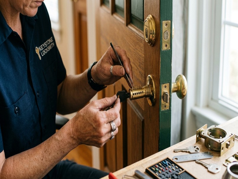 Locksmith rekeying a door cylinder at a residential property