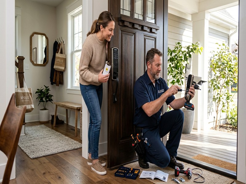 Smart lock installation on a modern front door