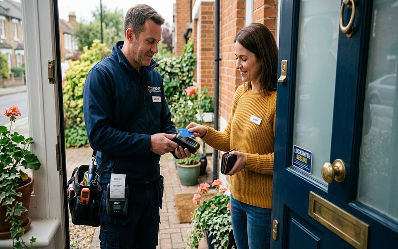 Consumer paying with credit card for locksmith service