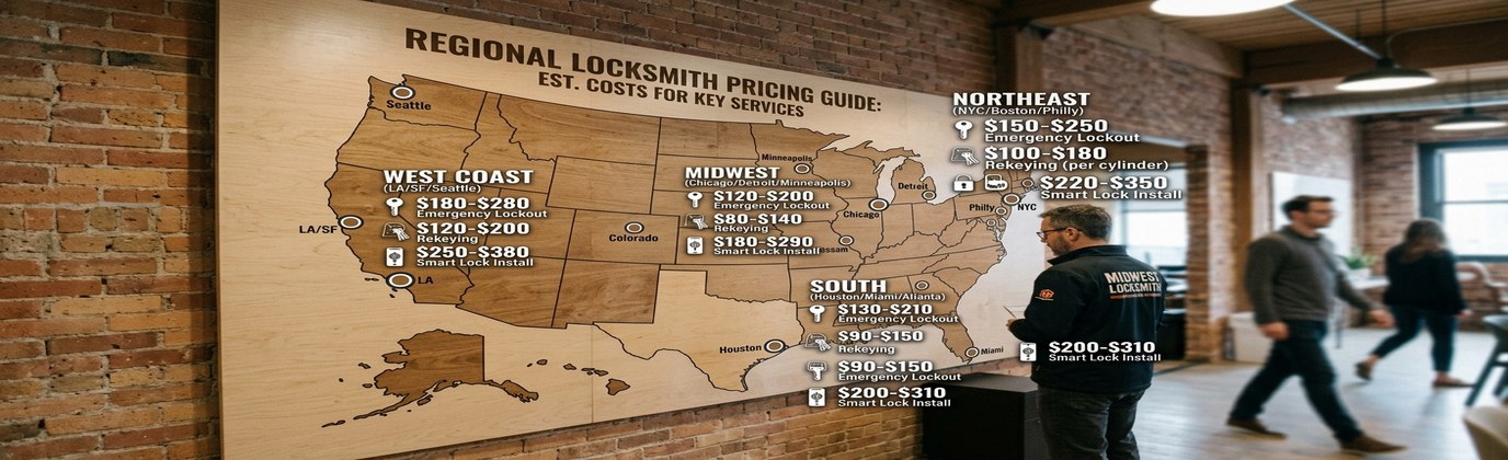 US map showing regional locksmith pricing differences